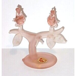 VTG Pink Art Glass Love Doves Birds On Frosted Satin Branch Miniature Figurine